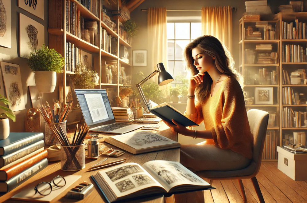 Gestione del tempo e motivazione: donna che legge un libro in una stanza ben illuminata, circondata da libri e piante