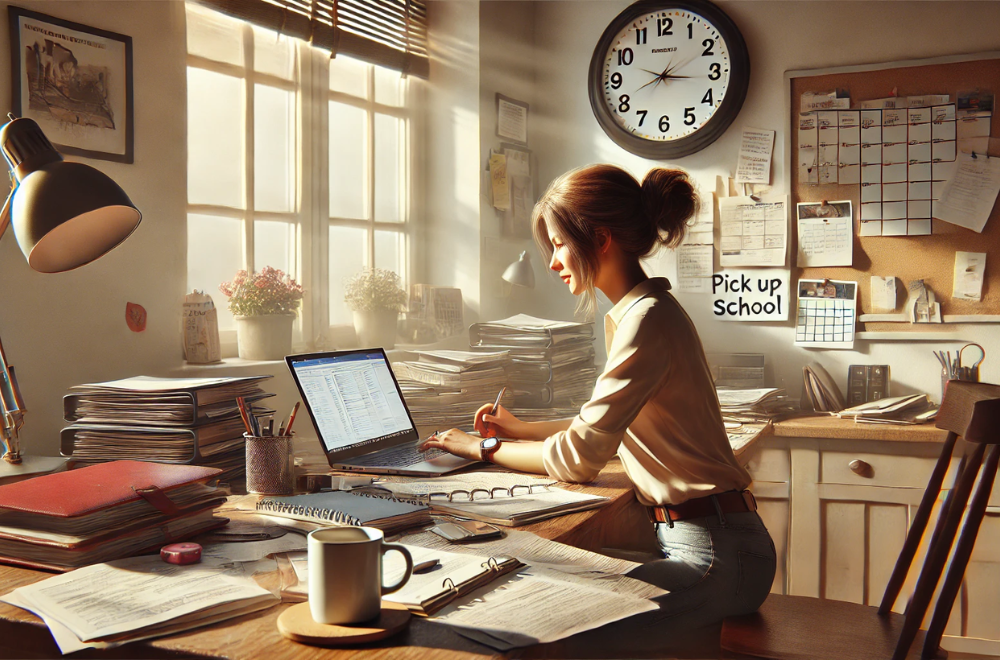 Il Valore del Tempo: Una mamma che lavora al computer in un ambiente domestico con un orologio grande sul muro, simbolo di gestione efficace del tempo.