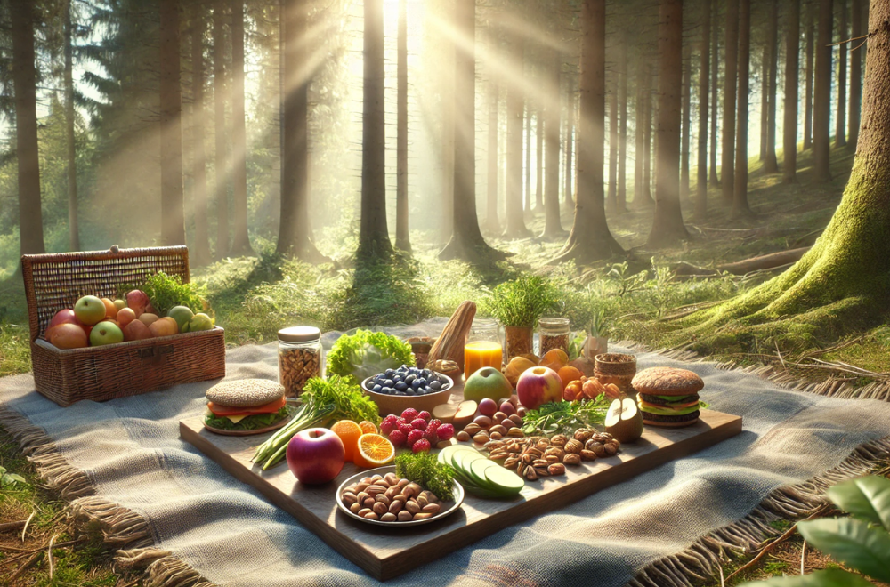 Picnic nel bosco con cibi sani e raggi di sole per un sano equilibrio emotivo.