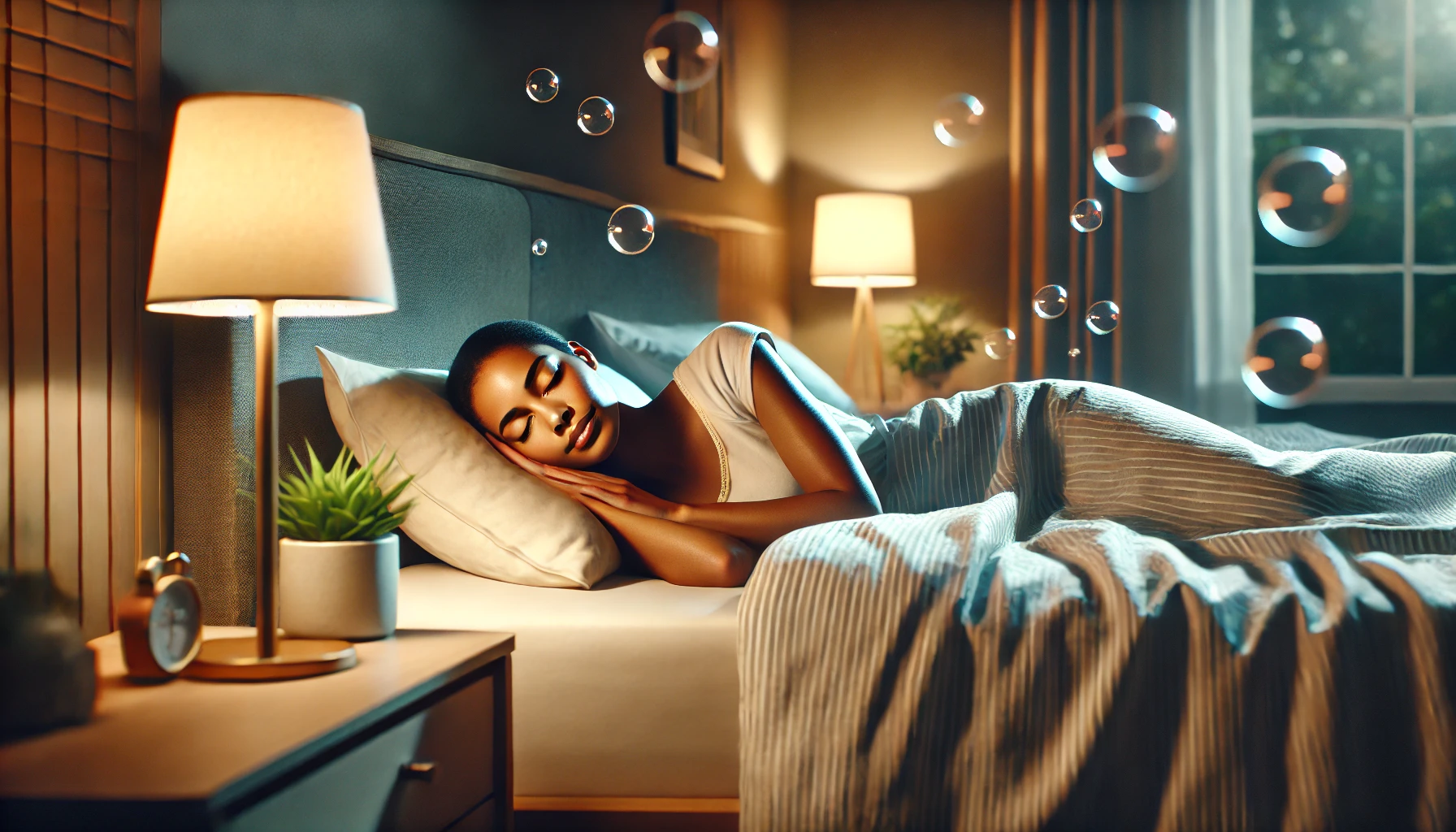 Equilibrio emotivo rappresentato da una donna che dorme serenamente in una camera da letto accogliente, con un'atmosfera tranquilla e rigenerante.