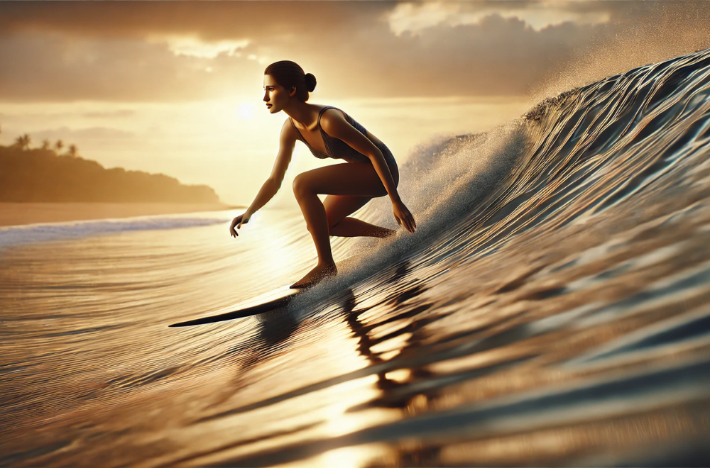 Surfista donna in lontananza su un oceano al tramonto, simbolo di equilibrio emotivo.