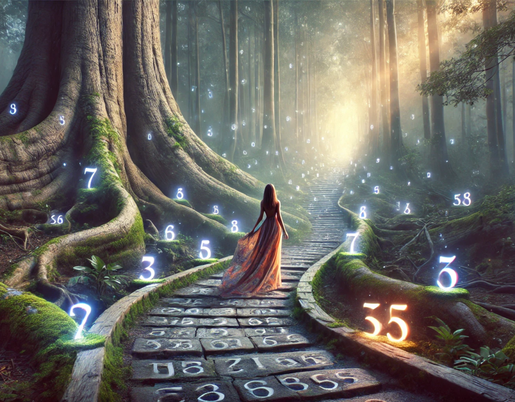 Donna che cammina sul sentiero dei Numeri in una foresta magica, simbolo del percorso di crescita attraverso la numerologia.