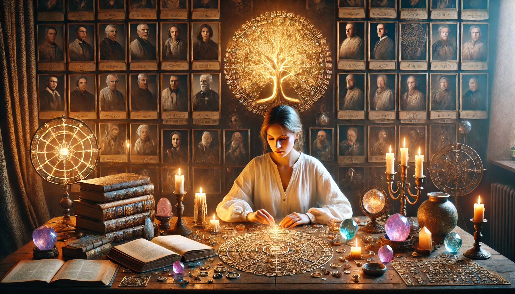 Numerologia personale: persona che studia simboli e antichi libri esoterici, circondata da candele e cristalli in un ambiente misterioso.