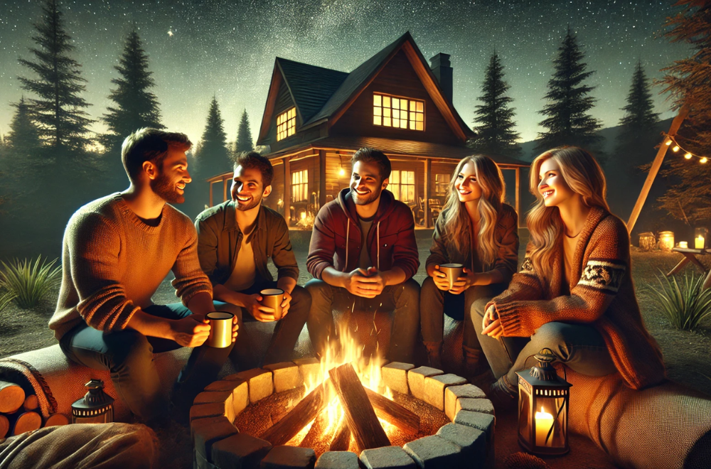 Gruppo di amici seduti intorno a un fuoco all'aperto, sotto un cielo stellato, che celebrano i piccoli passi e i traguardi raggiunti verso la propria crescita personale per potenziare la motivazione.