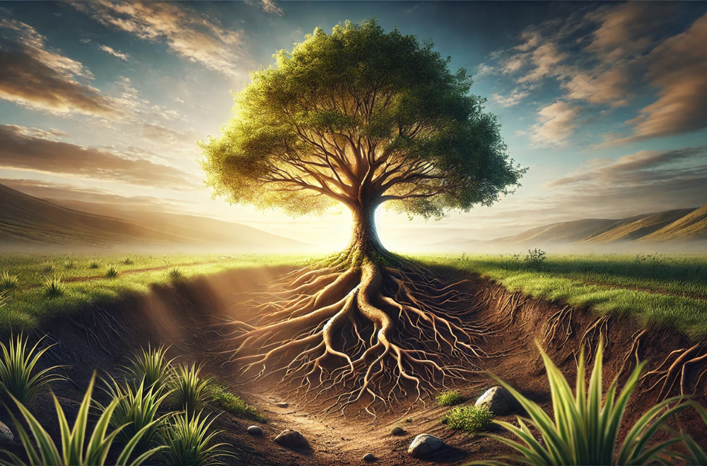 Albero con radici profonde sotto una luce dorata, simbolo di pazienza e perseveranza per potenziare la motivazione.