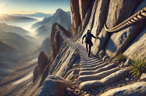 Persona che cammina su un sentiero roccioso di montagna al tramonto, simbolo di progresso e determinazione per potenziare la motivazione.