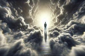 Figura umana che cammina verso una luce brillante in un corridoio di nubi dense, simbolo del viaggio interiore per potenziare la motivazione.