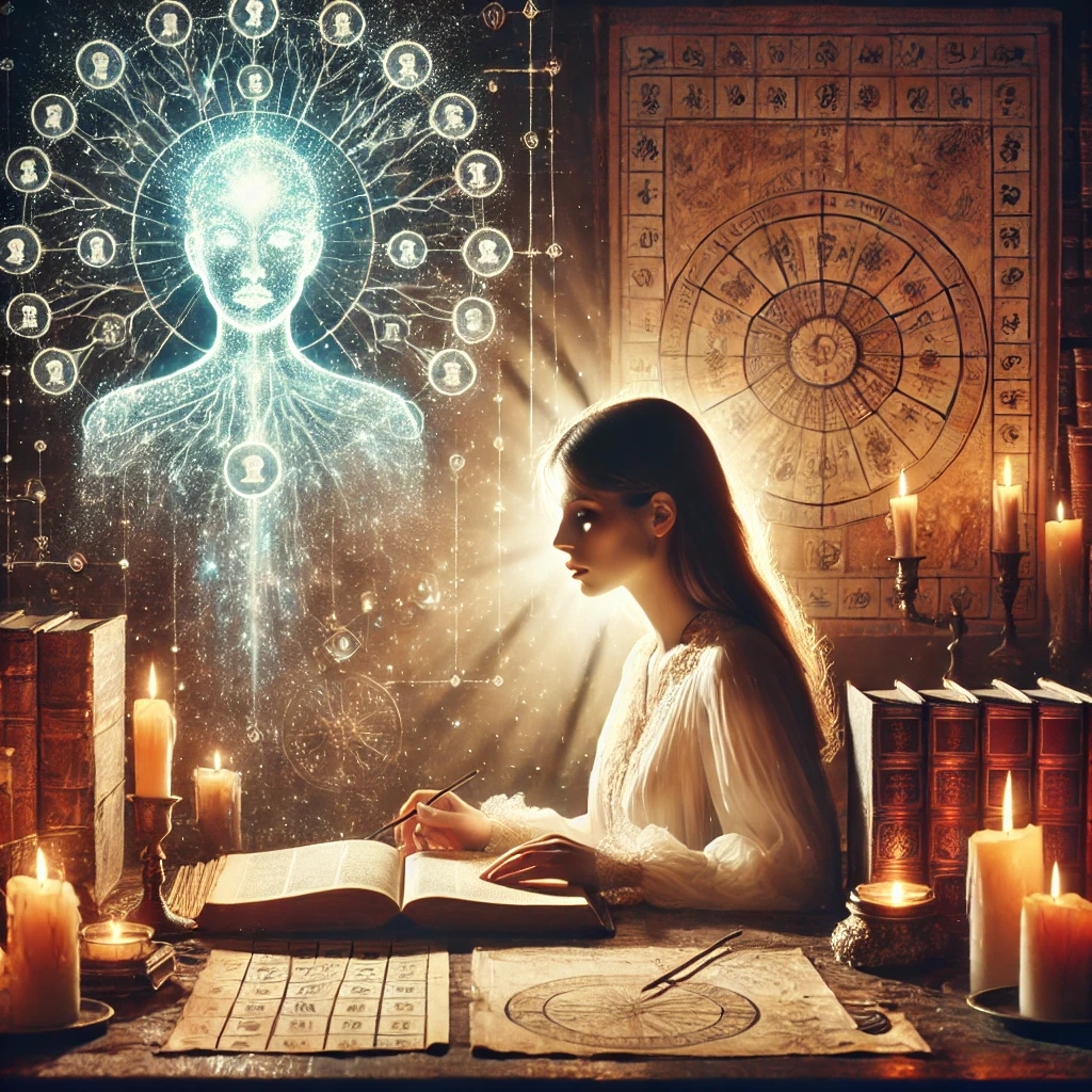 Numerologia personale: donna che studia simboli esoterici, con energia cosmica che la collega a un percorso spirituale profondo.
