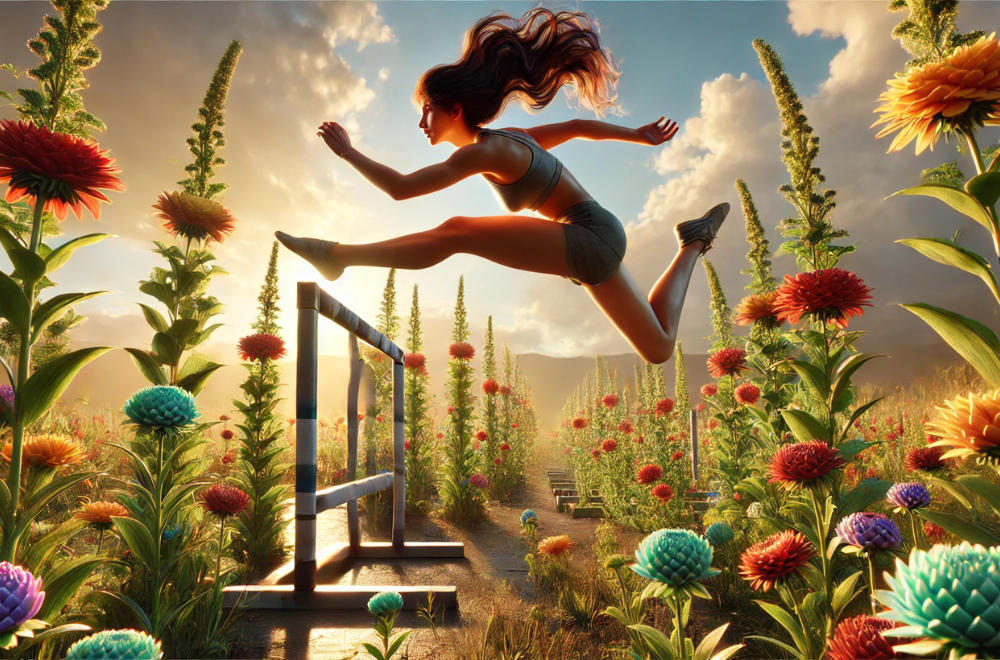 Donna atletica salta agilmente un ostacolo in un campo rigoglioso di fiori colorati, immersa nella luce dorata del tramonto. Un simbolo di forza, determinazione per trasformare le sfide in opportunità.