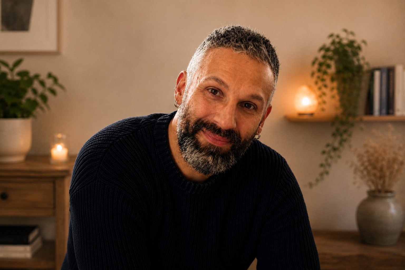 Luca, all'interno di una stanza luminosa, prima di una sessione di Numerologia.