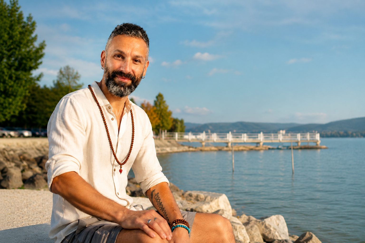 Luca Rondelli, si occupa di crescita personale e Numerologia, seduto accanto al lago Trasimeno in un momento di ascolto e presenza