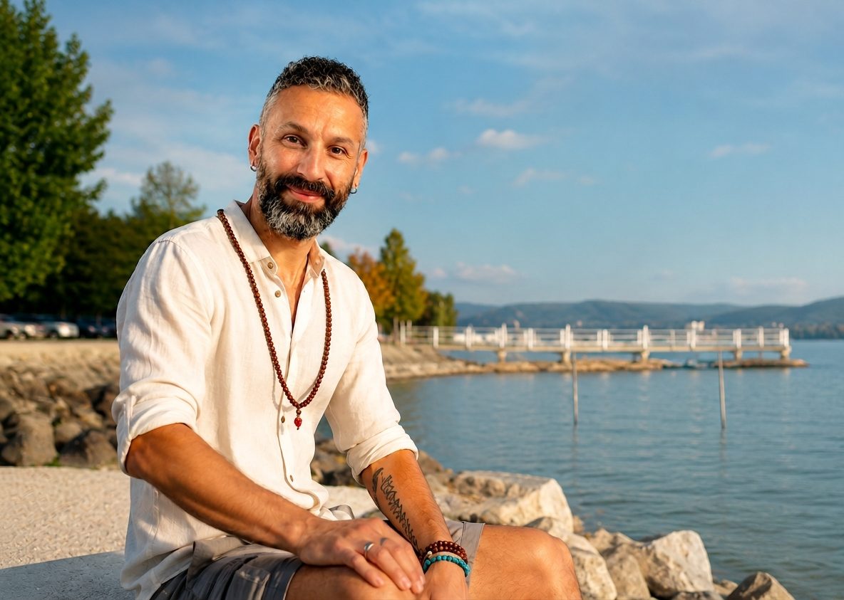 Luca Rondelli, si occupa di crescita personale e Numerologia, seduto accanto al lago Trasimeno in un momento di ascolto e presenza